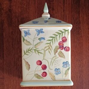 Vtg Capriware Ceramic Hand Painted Cherries Flowers Steeple Cookie Jar Container